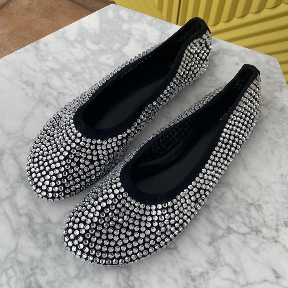 Zara Rhinestone Black Ballet Flats Size 38 7.5